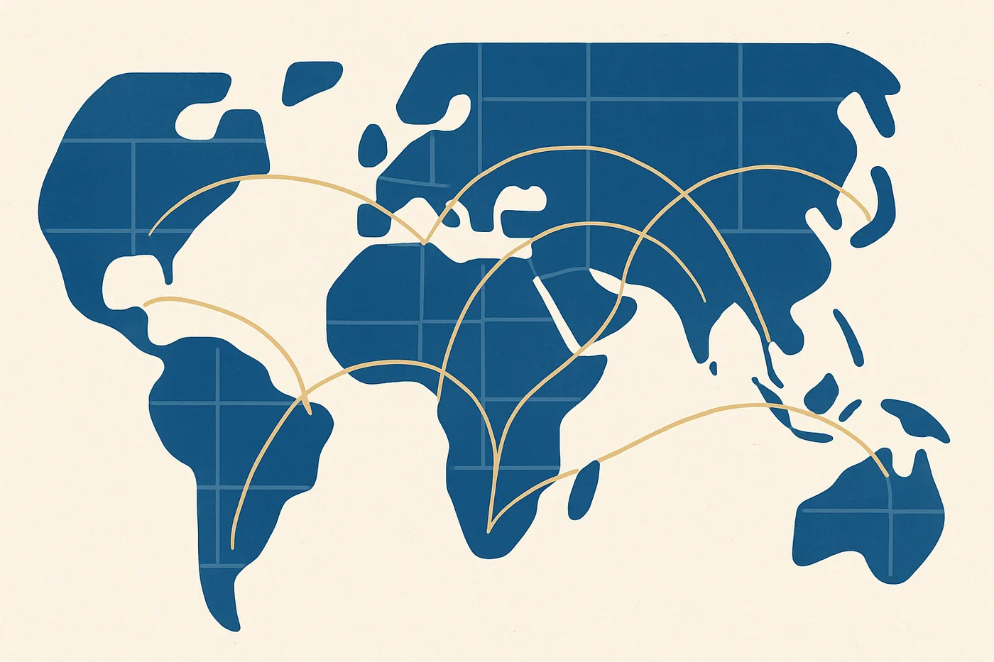 An illustrated world map with arcs connecting points across Africa, Asia, Europe and the Americas.