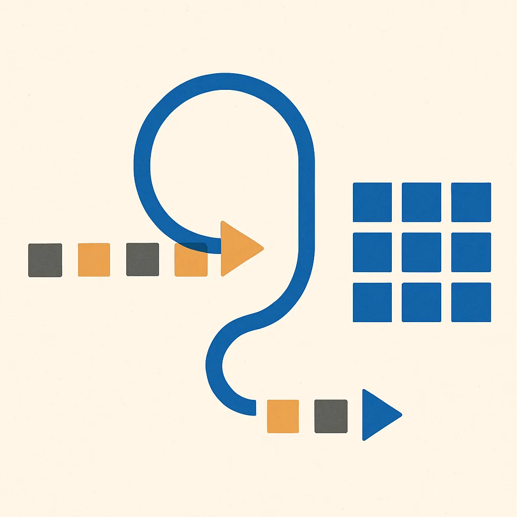 An illustration of work moving forward as tiles, with some looping back before rejoining and finishing as an ordered block.