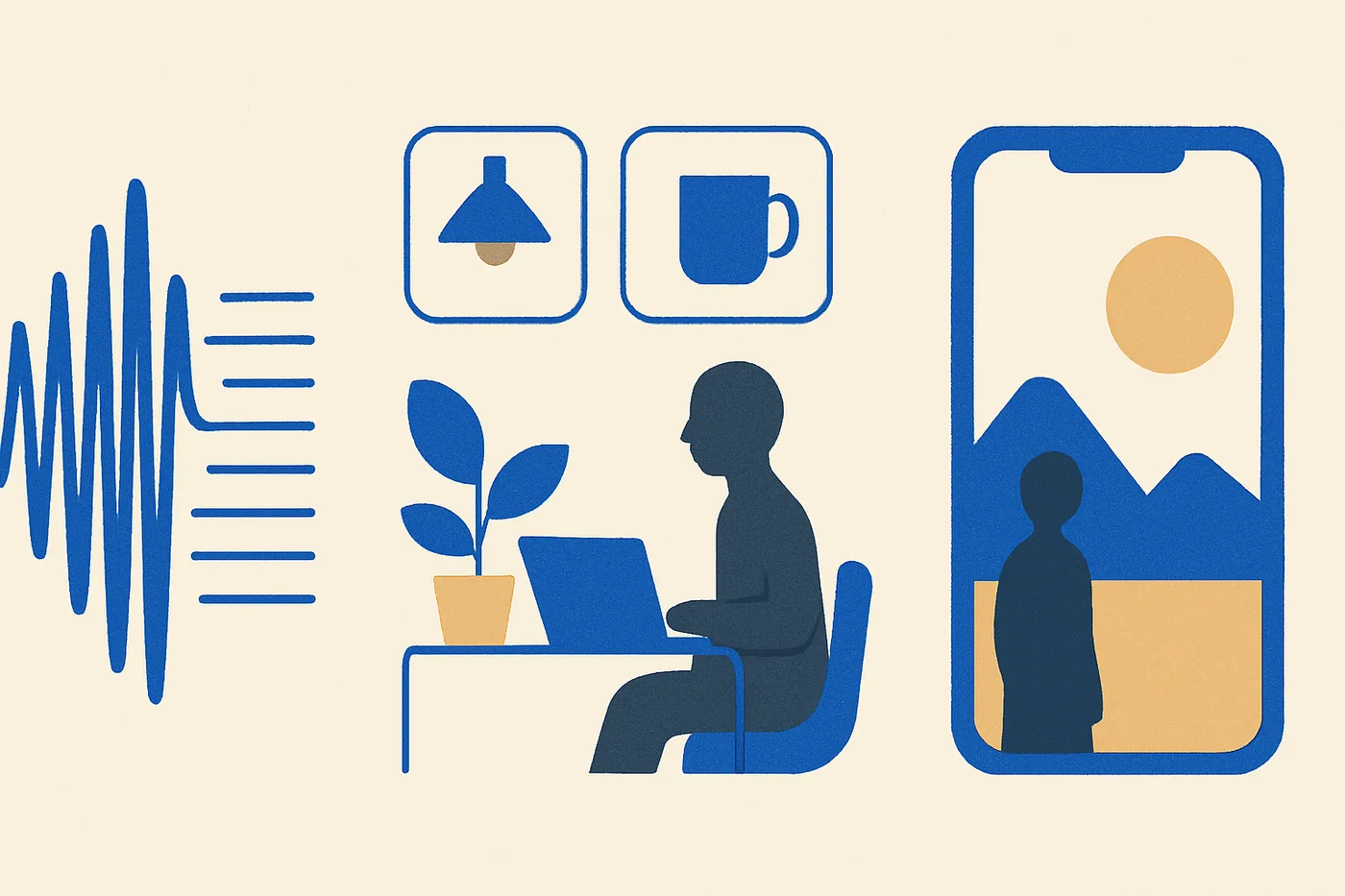 Three illustrated vignettes: a sound wave becoming lines of text, a person working at a laptop, and a phone capturing a landscape.